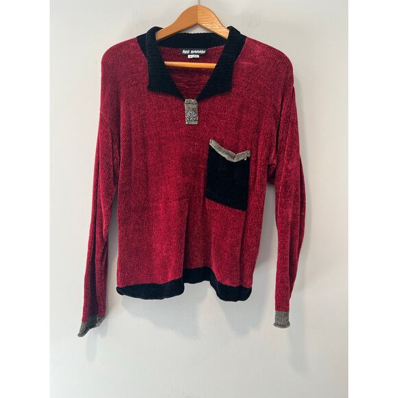 Ani Barrie Vintage 90s Knit Sweater Red Black Pocket Chunky Pullover Retro Sm JL - Picture 1 of 8